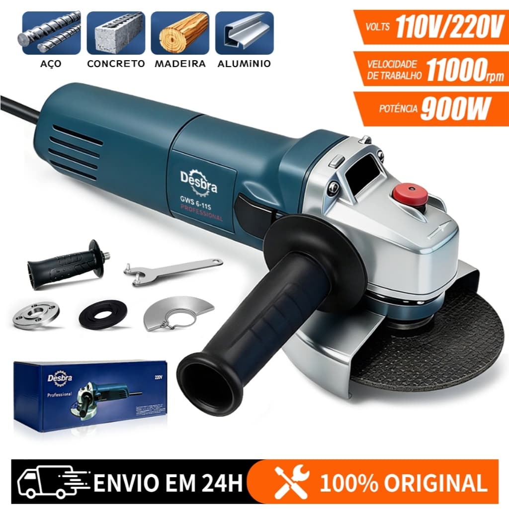 Esmerilhadeira Angular Bivolt 110V/220V 11000RPM Multifuncional para Corte Lixamento e Polimento Acessórios completos