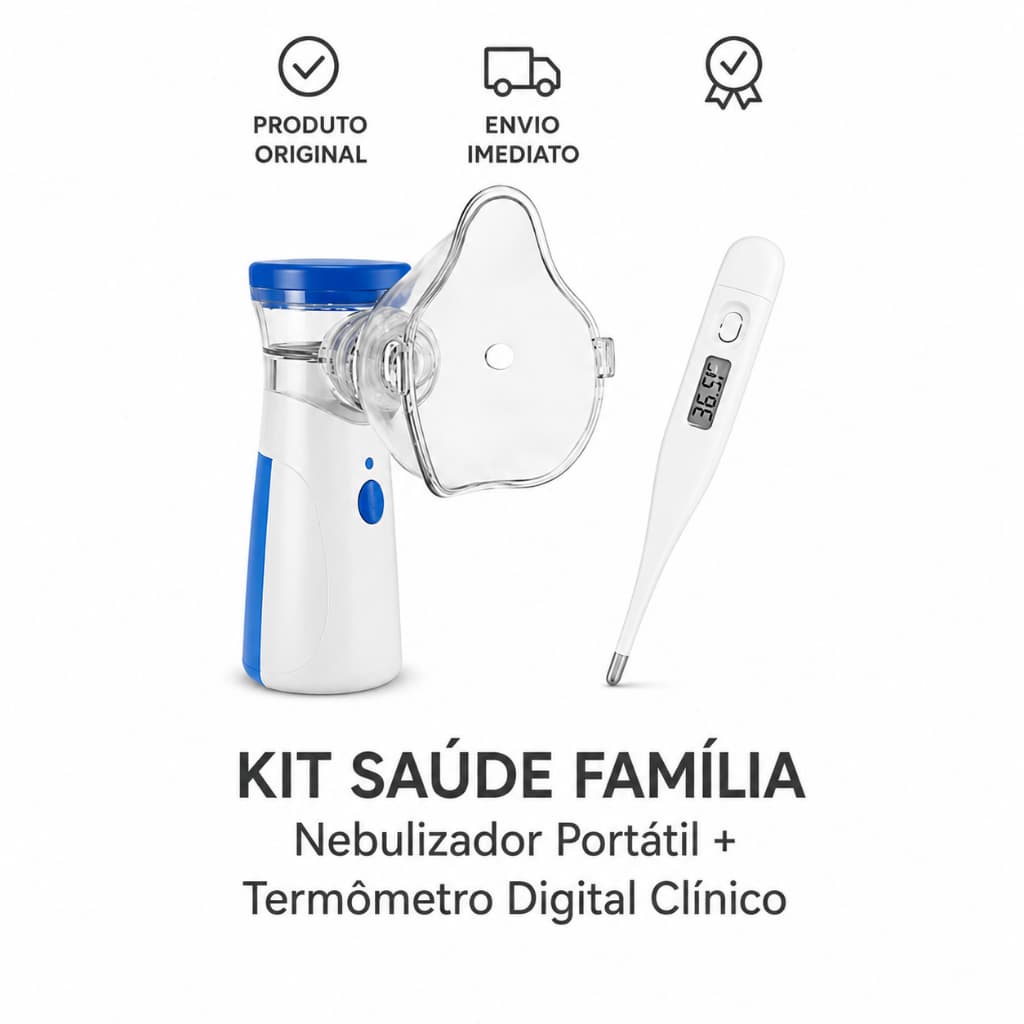 KIT SAÚDE FAMÍLIA: Nebulizador Ultrassônico Mesh Portátil Adulto e Infantil + Termômetro Digital Clinico