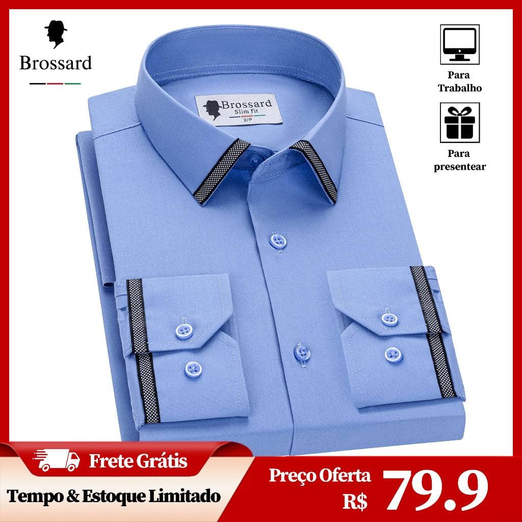 Camisa Social Masculina Brossard Algodão Slim Luxo Premium  Não Amassa, Para Presentear Trabalho