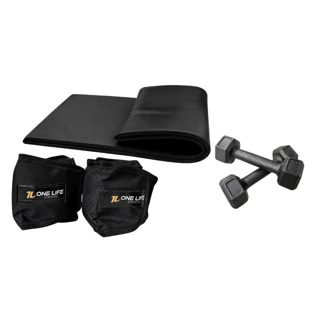 Kit Treino em Casa Halter Sextavado 2kg Caneleira 2kg Colchonete Academia Cross Training