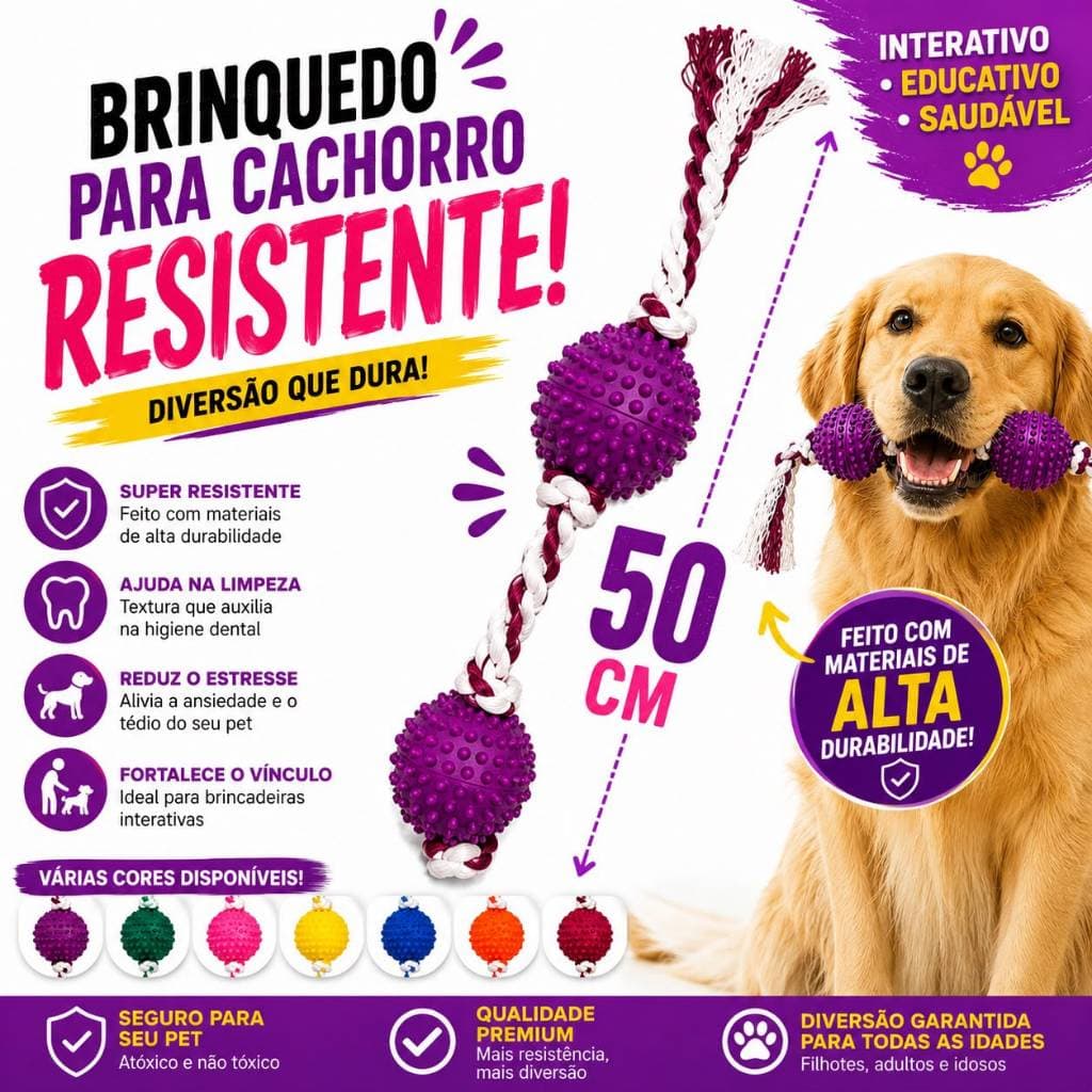 Brinquedo para Cachorro Corda com 2 Bolas Cravo Interativas Pet Resistente Mordedor para Cães Grande e Pequeno