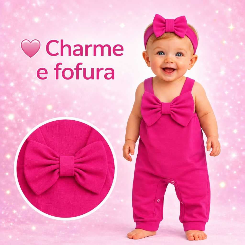 Jardineira Romper Longa detalhe laço para bebê menina