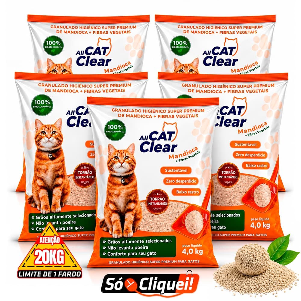 Kit 5 Pacotes Areia Sanitária All Cat Clear 20KG Granulado 100% Mandioca Biodegradável Forma Torrões Firmes Evita Odores