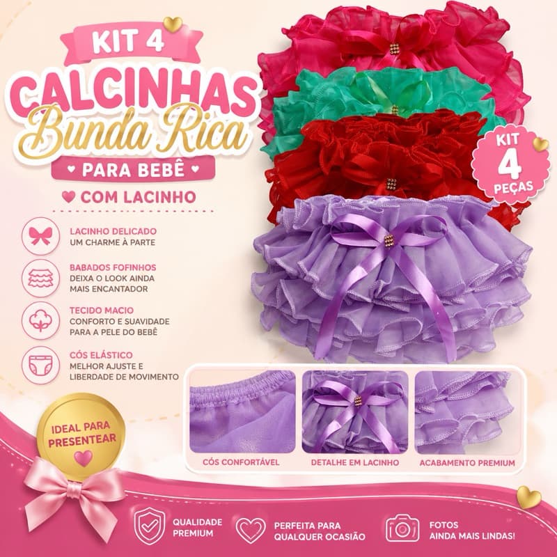 kit 4 Calcinhas de Bebê Menina Infantil Bunda Rica  Tapa fraldas