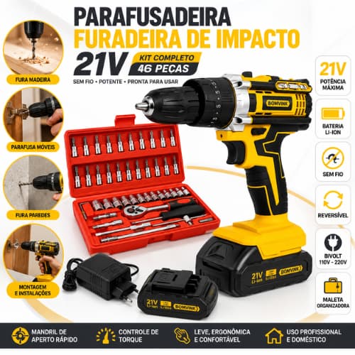 Parafusadeira Furadeira de Impacto 21V a Bateria Bivolt Kit 46 Peças Maleta Mandril Rápido Reversível Sem Fio