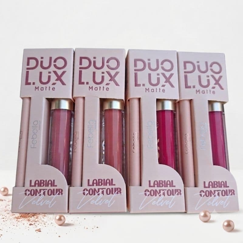 ​Kit Batom Liquido Matte + Lapis Labial Febella Duo Lux Contorno Velvet Alta Fixação Longa Duração