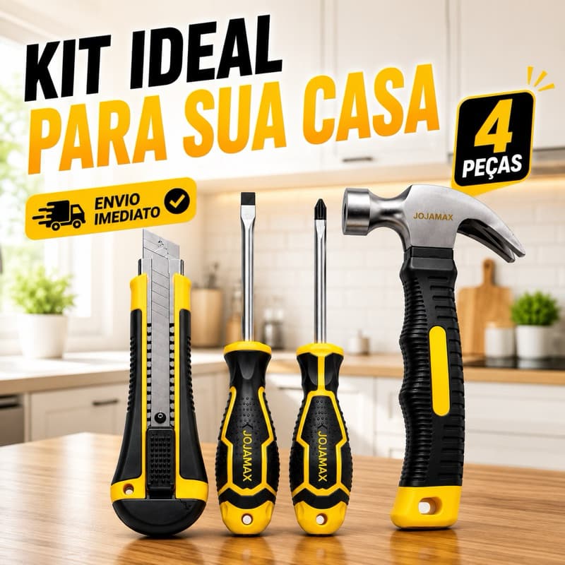Kit Ferramentas essenciais 4 Peças | Martelo, Chaves e Estilete Completo | Resolva Tudo em Casa Rápido e Fácil