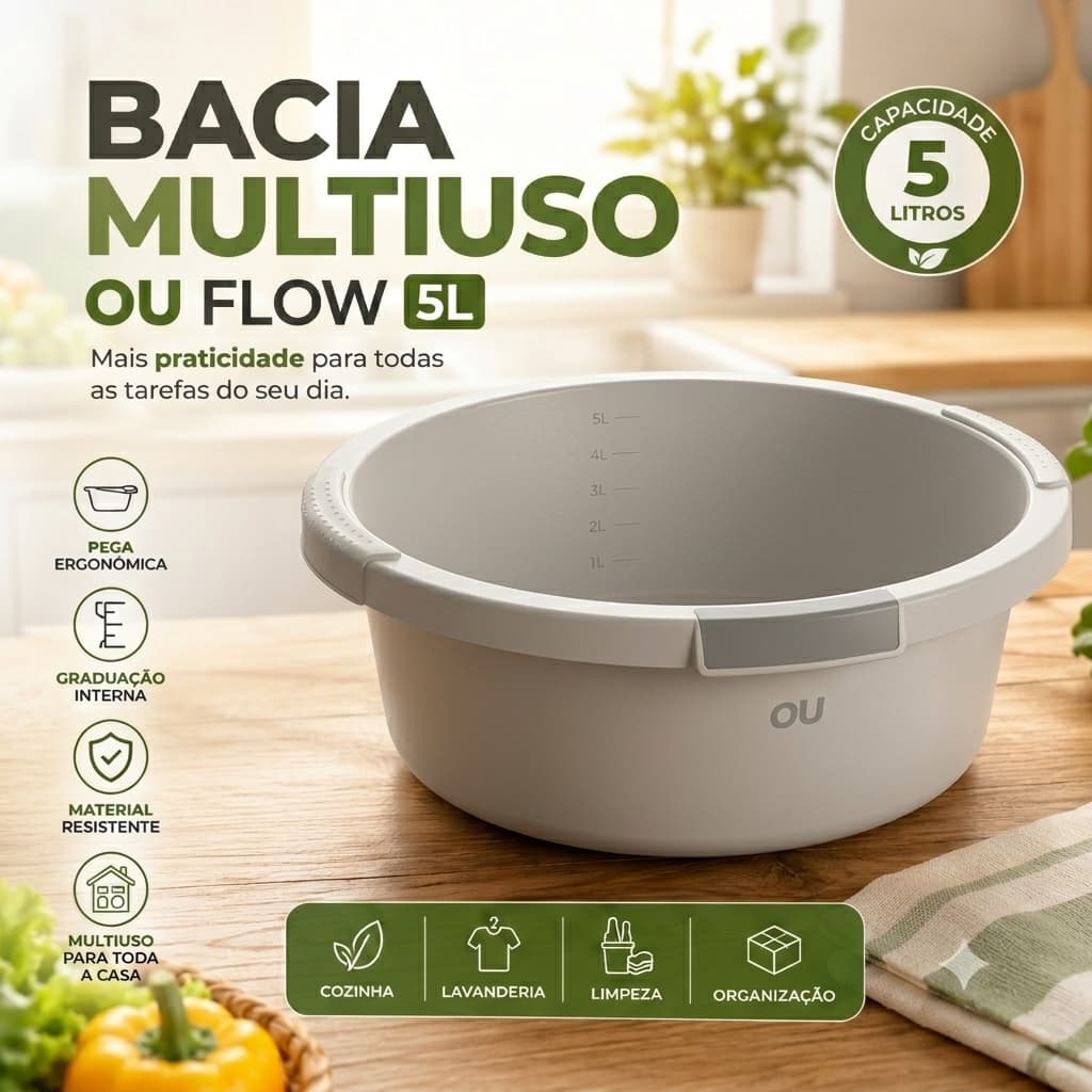 Bacia Organizadora Multiuso 5L Resistente para Cozinha e Lavanderia