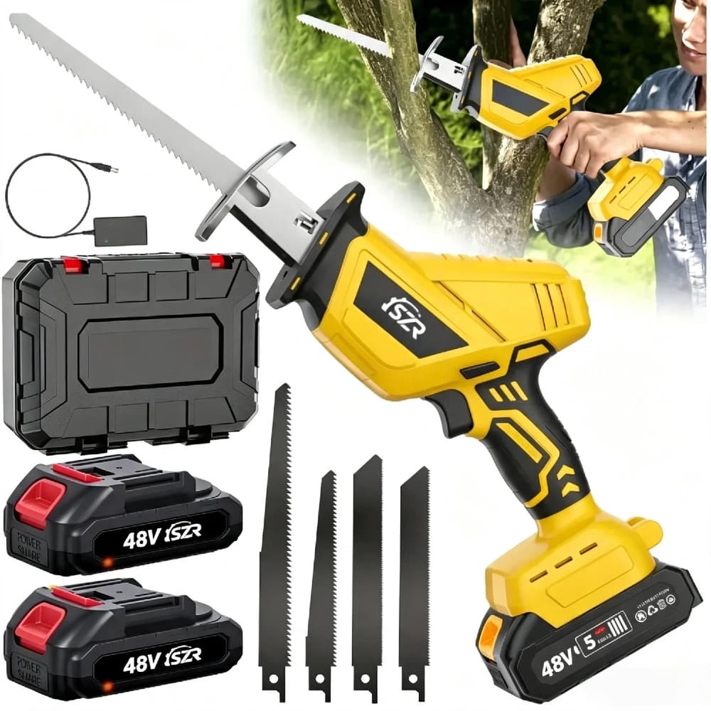 Serra Sabre Elétrica Sem Fio Profissional 48V 3500 Rpm Motosserra Duas Baterias pode cortar osso madeira lata
