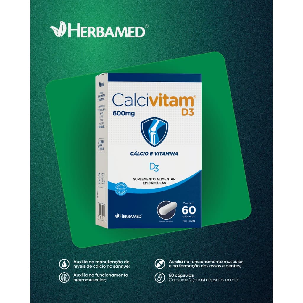 Vitamina D3 60 Cápsulas Cálcio Vitamina Saúde Dental Óssea Calcivitam Herbamed