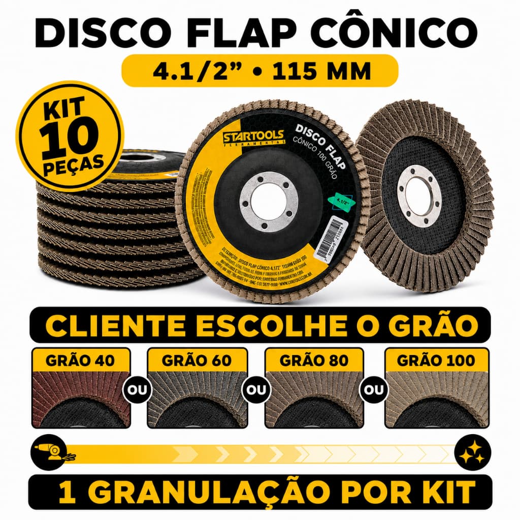 Disco Flap para Lixadeira Esmerilhadeira Conico 4 1/2'' 40 60 80 100 Grão Desbaste Metal Inox Alumínio Profissional