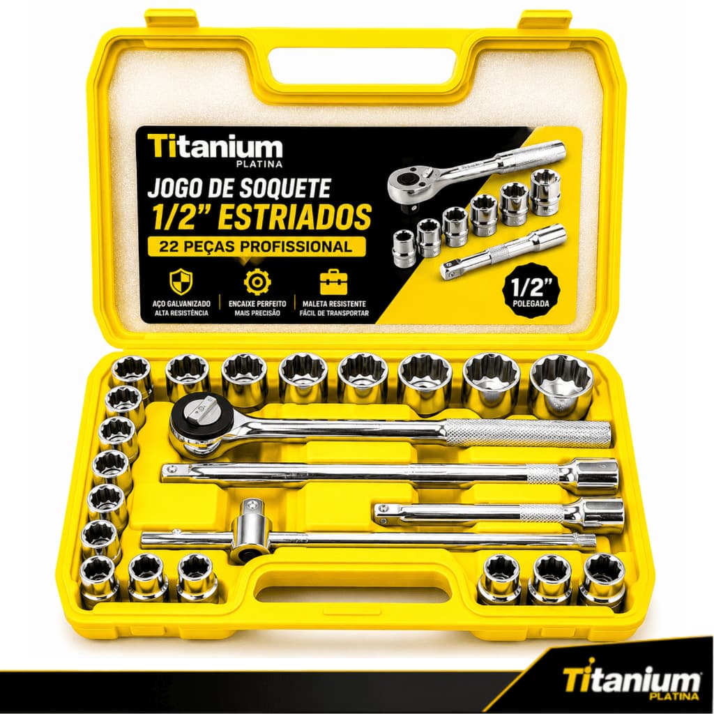 Jogo de Soquete 1/2 22 Peças Catraca Reversível Maleta Profissional Titanium Platina