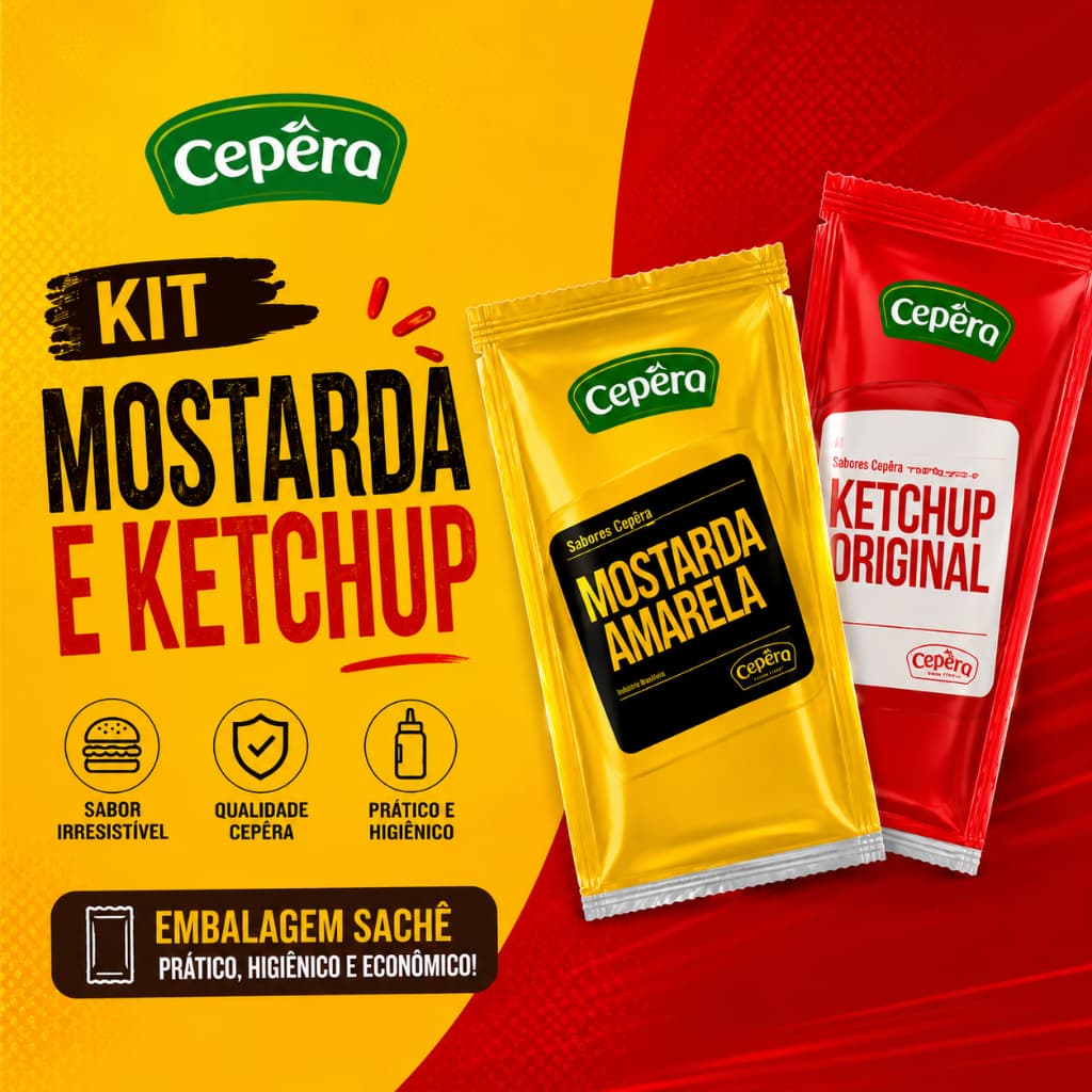 Ketchup e Mostarda em Sachês Individuais - Condimentos porções para lanches, hot dog, hambúrguer e delivery