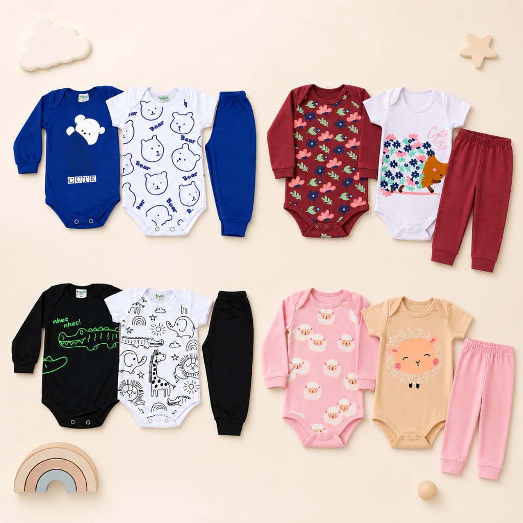 Kit Roupa de Bebê Body Manga Longa + Calça Conjunto Bebê Menino ou Menina Algodão
