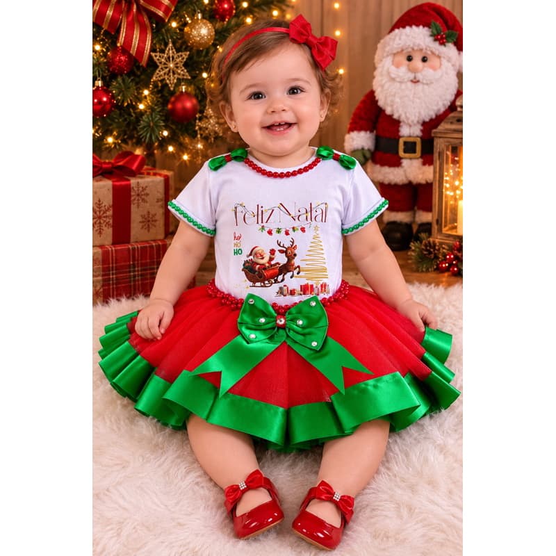 Body bebê Natal menina Feliz Natal Papai Noel tapa fralda calcinha bunda rica saia tule tutu
