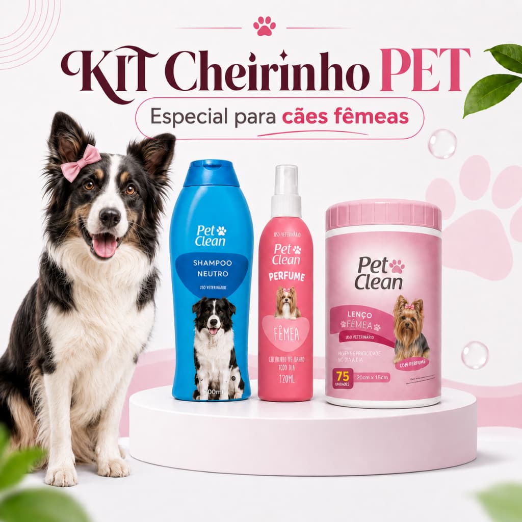 Kit Banho Pet Shampoo Neutro Lenço Umedecido Fêmea e Perfume 120ml Para Cachorro Fêmea Pet Clean