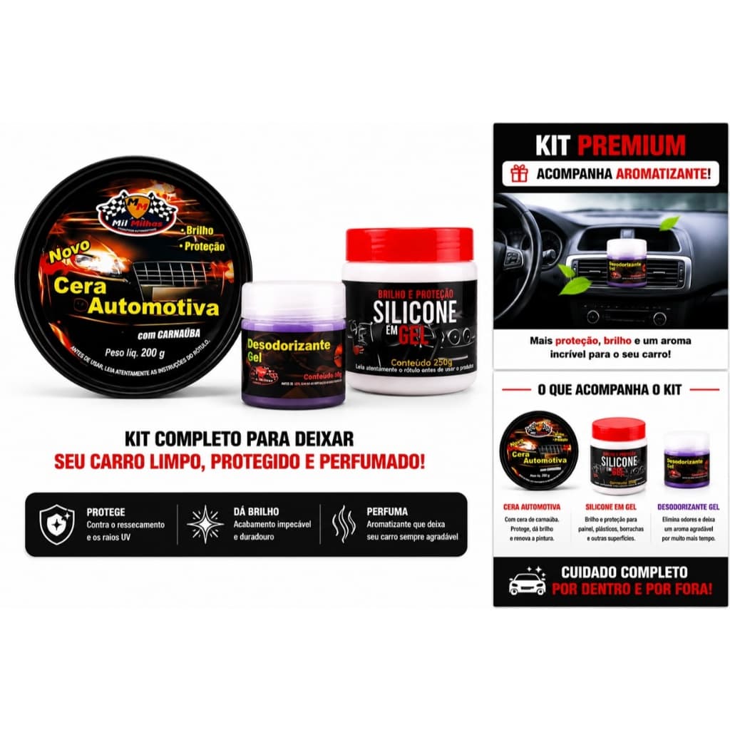 Kit Premium Limpeza Automotiva Cera Carnaúba + Silicone em Gel + Aromatizante Para Carro Brilho Proteção