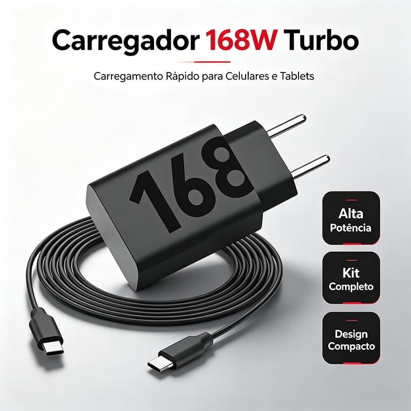 Carregador Turbo 168W USB-C Tipo C - Carregador de Parede Super Rápido para Celular e Notebook