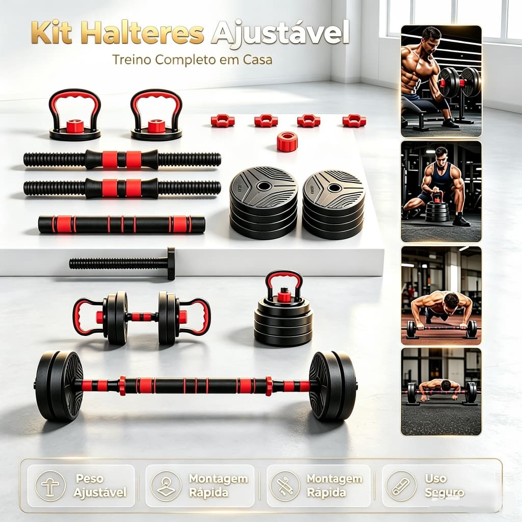 Kit Halteres 6 em 1 15kg Ajustável Barra Anilhas Kettlebell Multiuso Musculação Treino Funcional Casa Academia