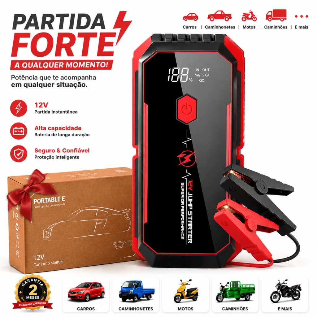 Cysedoya Auxiliar de Partida Portátil Veicular 12V - Jump Starter com Lanterna LED, Carregador USB e Pinça Inteligente
