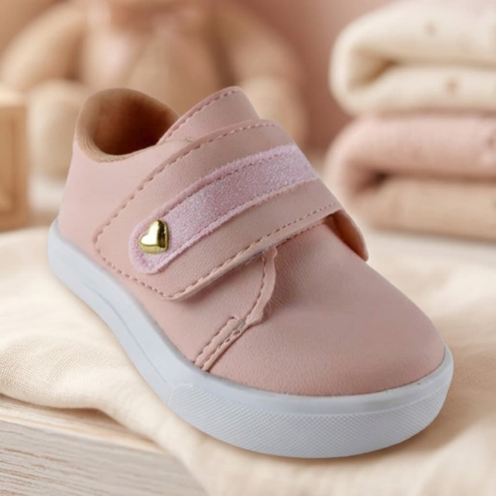 ênis Infantil Menina Calce Fácil Velcro Coração Brilhante Calçado Escolar Casual Macio Leve Promoção