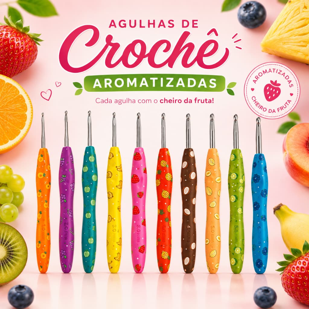 Agulha de Crochê Ergonômica Cabo Emborrachado Aromatizada Frutas - Kit Confortável Antiderrapante para Amigurumi Inician