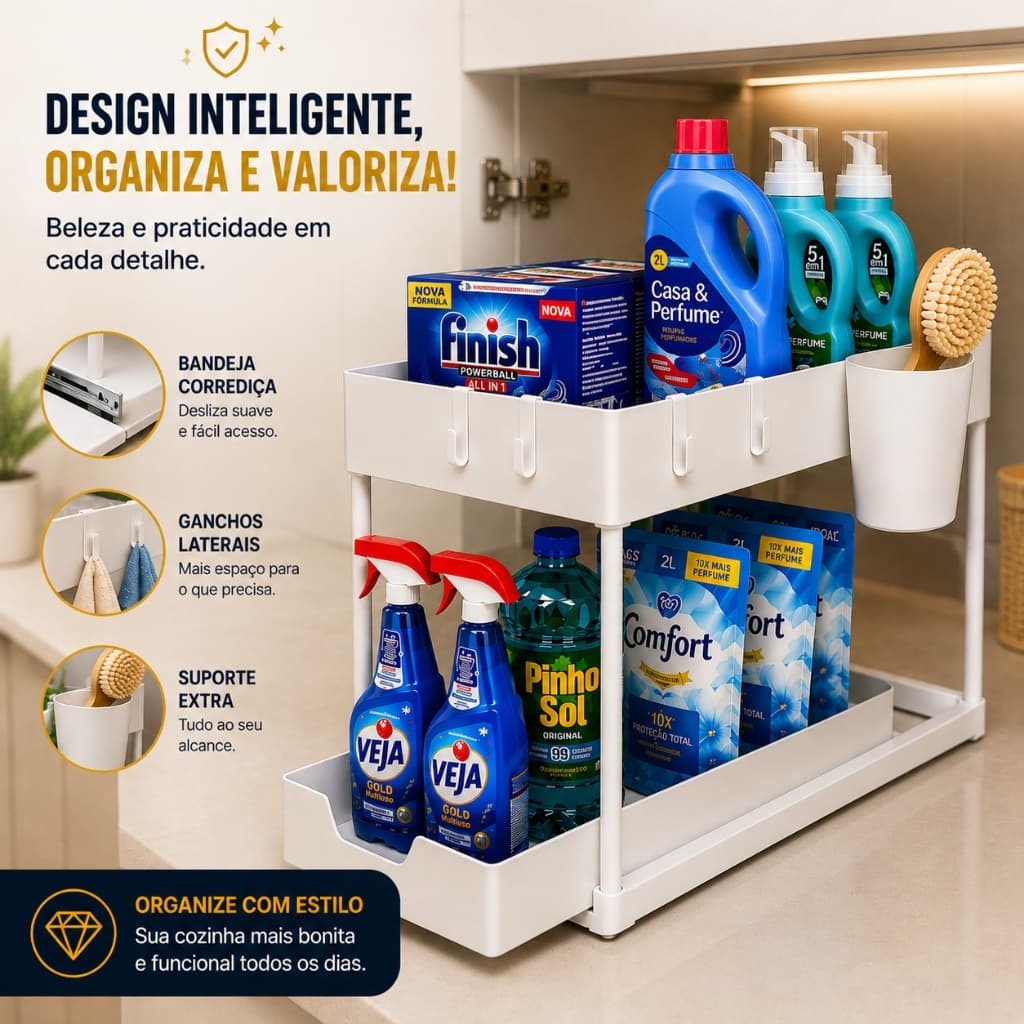 Organizador Armário Multiuso 2 Andares para Cozinha e Banheiro