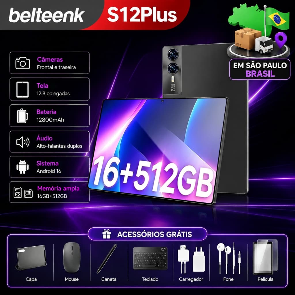 Belteenk Free Keyboard & Mouse S12 Plus Tablet Android Tela Grande 12.8 FHD 16GB+512GB WiFi Uso Trabalho Estudo 12800mAh