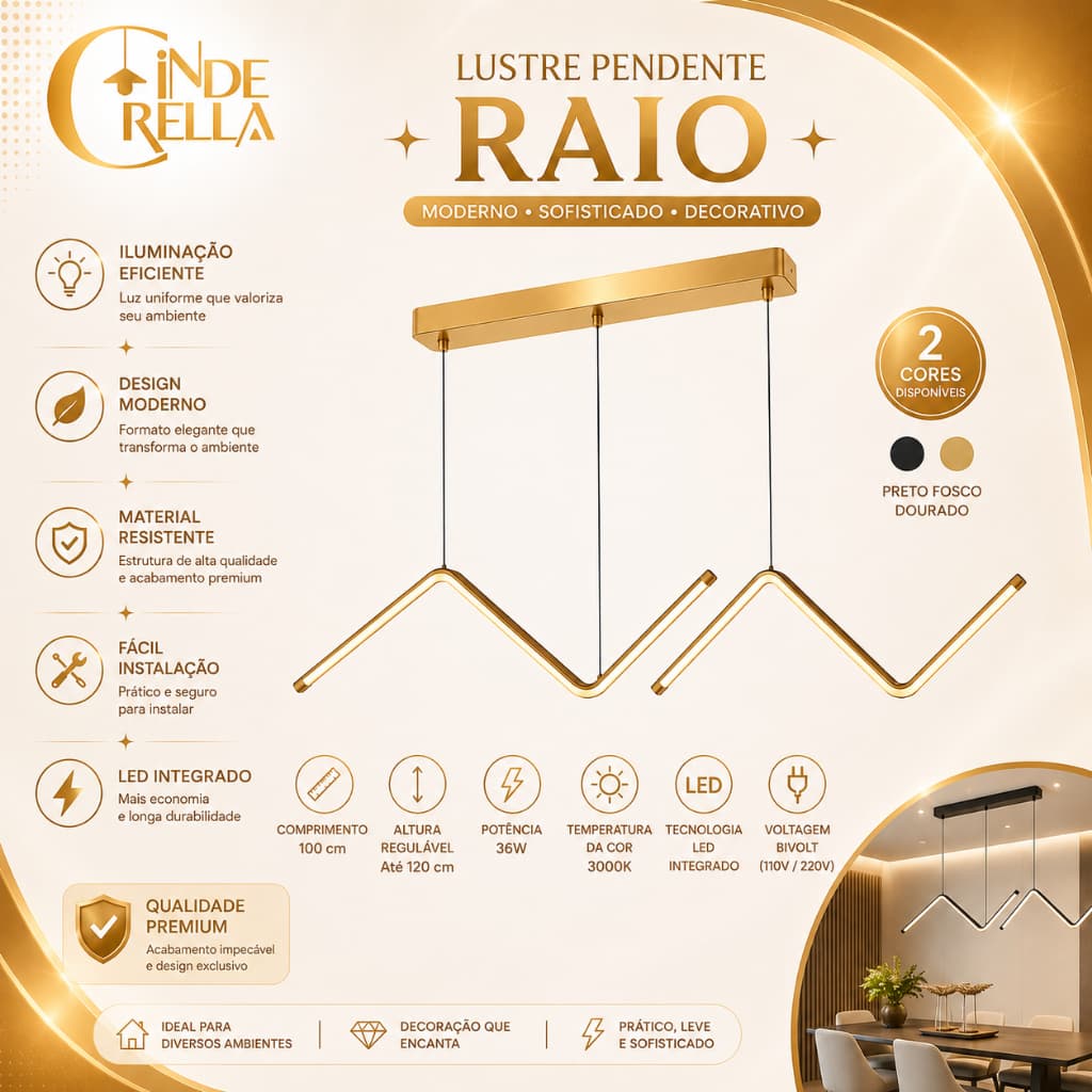 Luminária De Teto Lustre Pendente Raio Sala De jantar Led Geometria NN Mininalista
