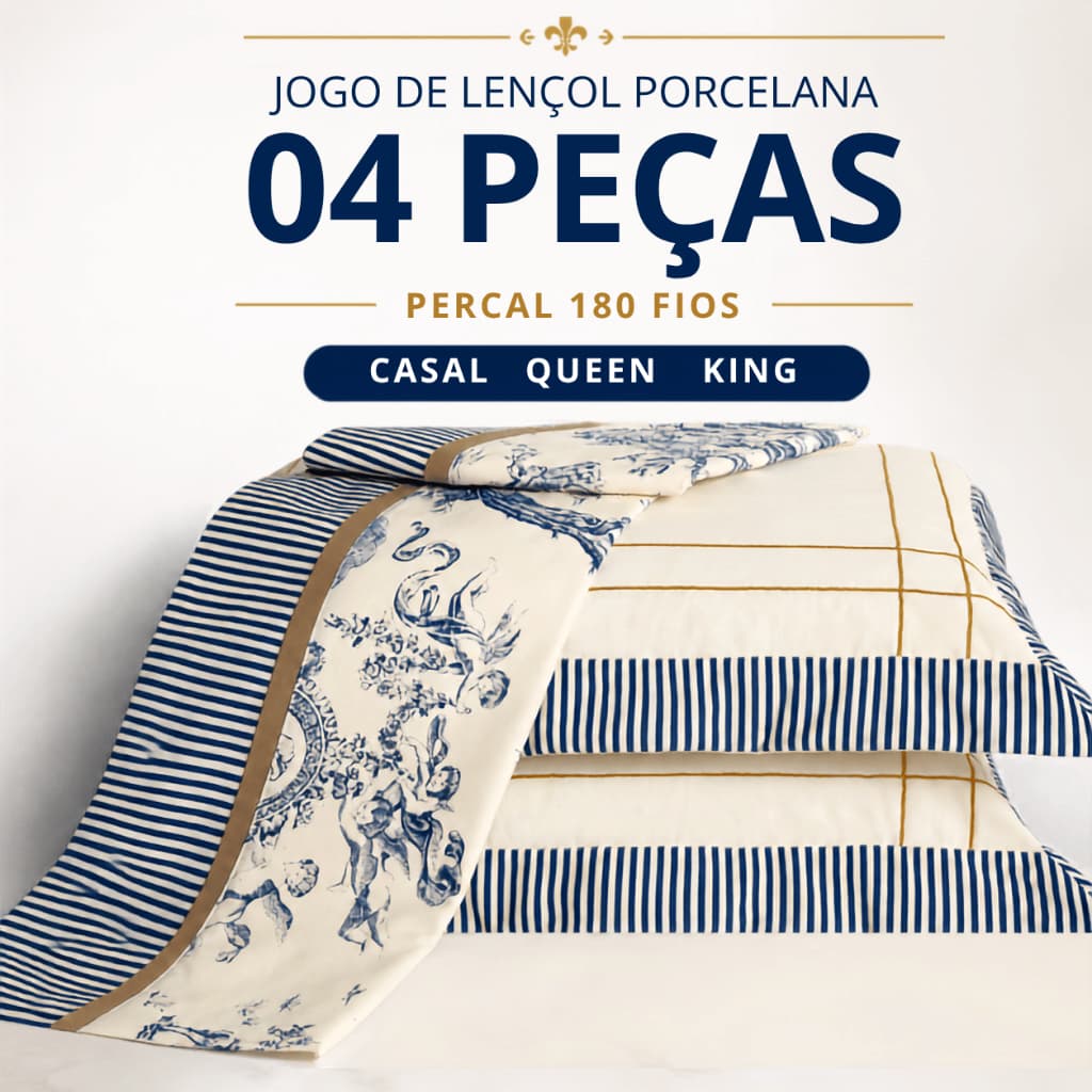 Jogo de Lençol 04 Peças Casal Padrão, Queen ou King Percal 180 Fios Algodão Coleção Porcelana