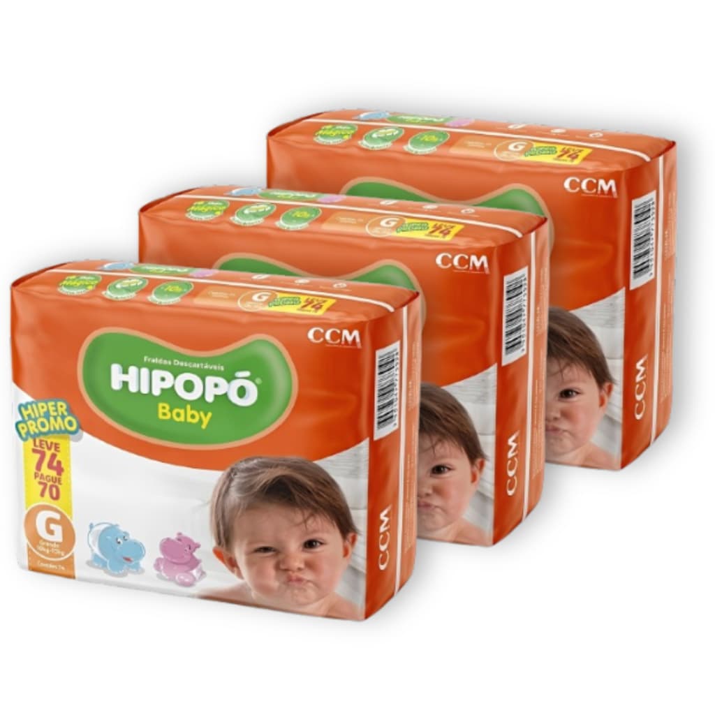 Kit 3 Fralda Descartável Hipopó Baby G Pacotão Hiper Total 222 Unid. Econômica