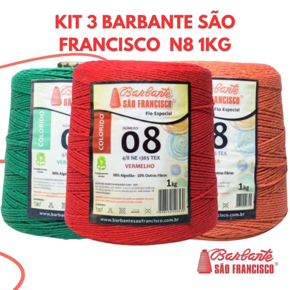KIT 3 Barbante Colorido N°08 Cone De 1kg Cores Variadas, Linha de Crochê,Tapetes para Artesanato.