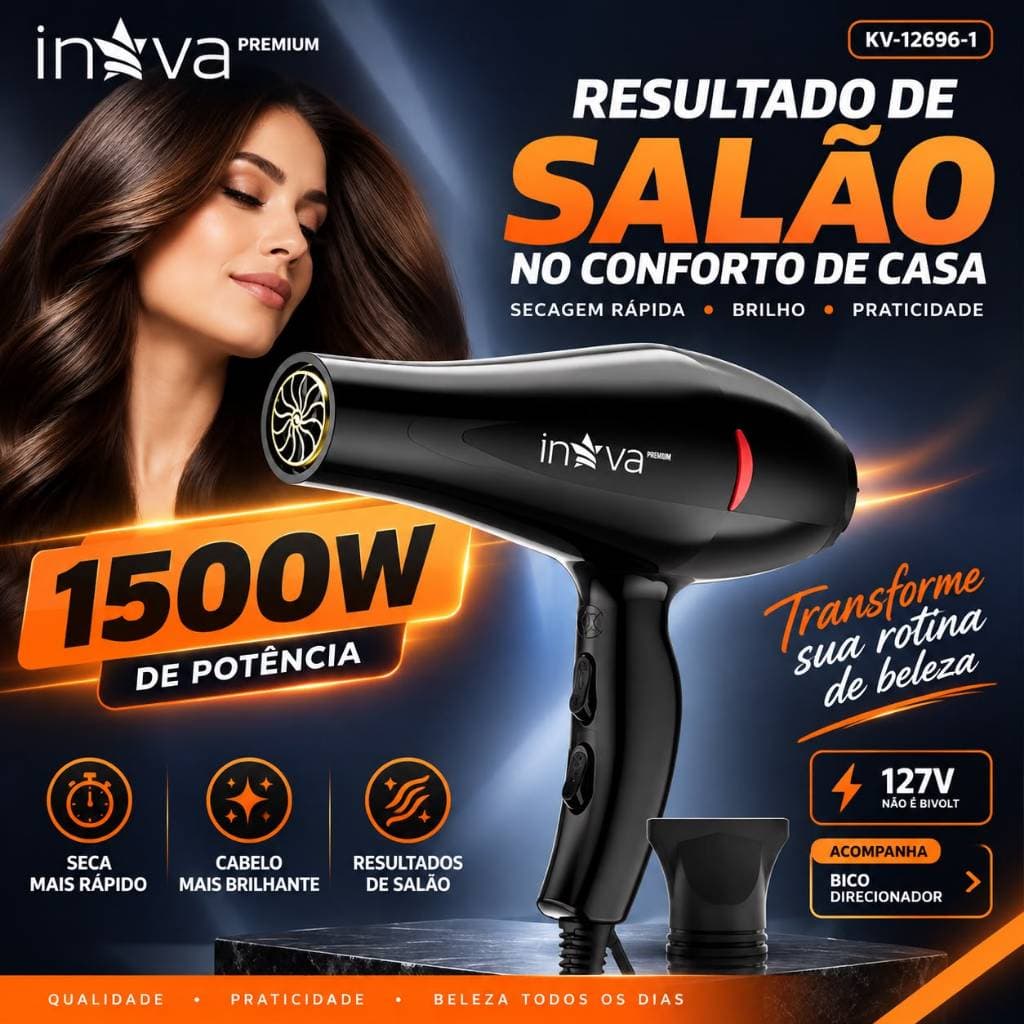 Secador de Cabelo Profissional 1500W Inova 127V Antifrizz com Jato Frio e Bico Direcionador