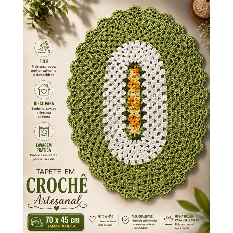 Tapete de Crochê Oval Decoração para Ambientes (70x45 cm) Jogo de tapete Barbante fio 8