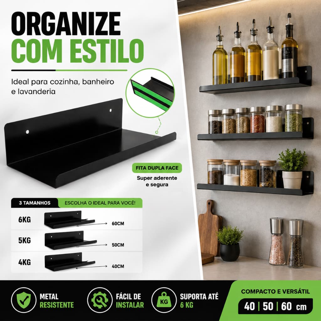 Prateleira Metálica Autocolante Decorativa P/ Cozinha Temperos Perfumes Decorações Dupla Face