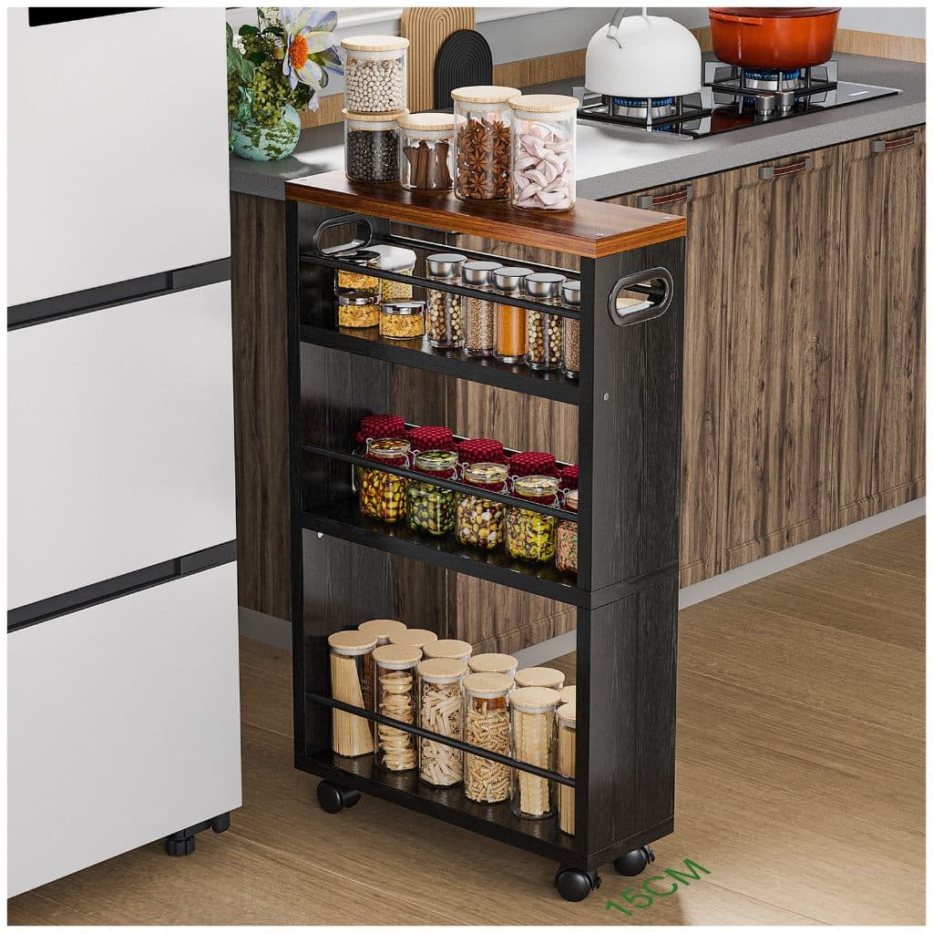 Carrinho Organizador Preto 3 Níveis com Rodas 360 Multiuso 15cm Estreito para Cozinha Banheiro
