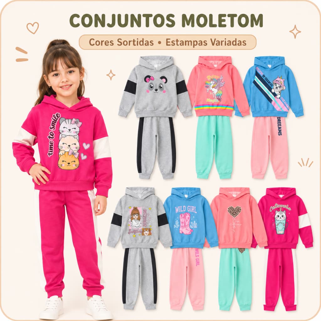 Kit 2 peças (1 Conjunto) Conjunto Moletom Infantil Juvenil 1 ao 14 Conjunto Blusão de Inverno Menina