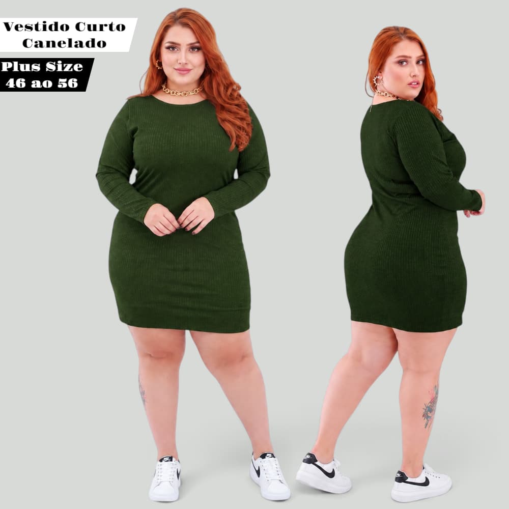 Vestido Plus Size Feminino Vestido Canelado Curto Vestido Manga Longa Feminino Vestido Básico Plus Size G1 G2 G3
