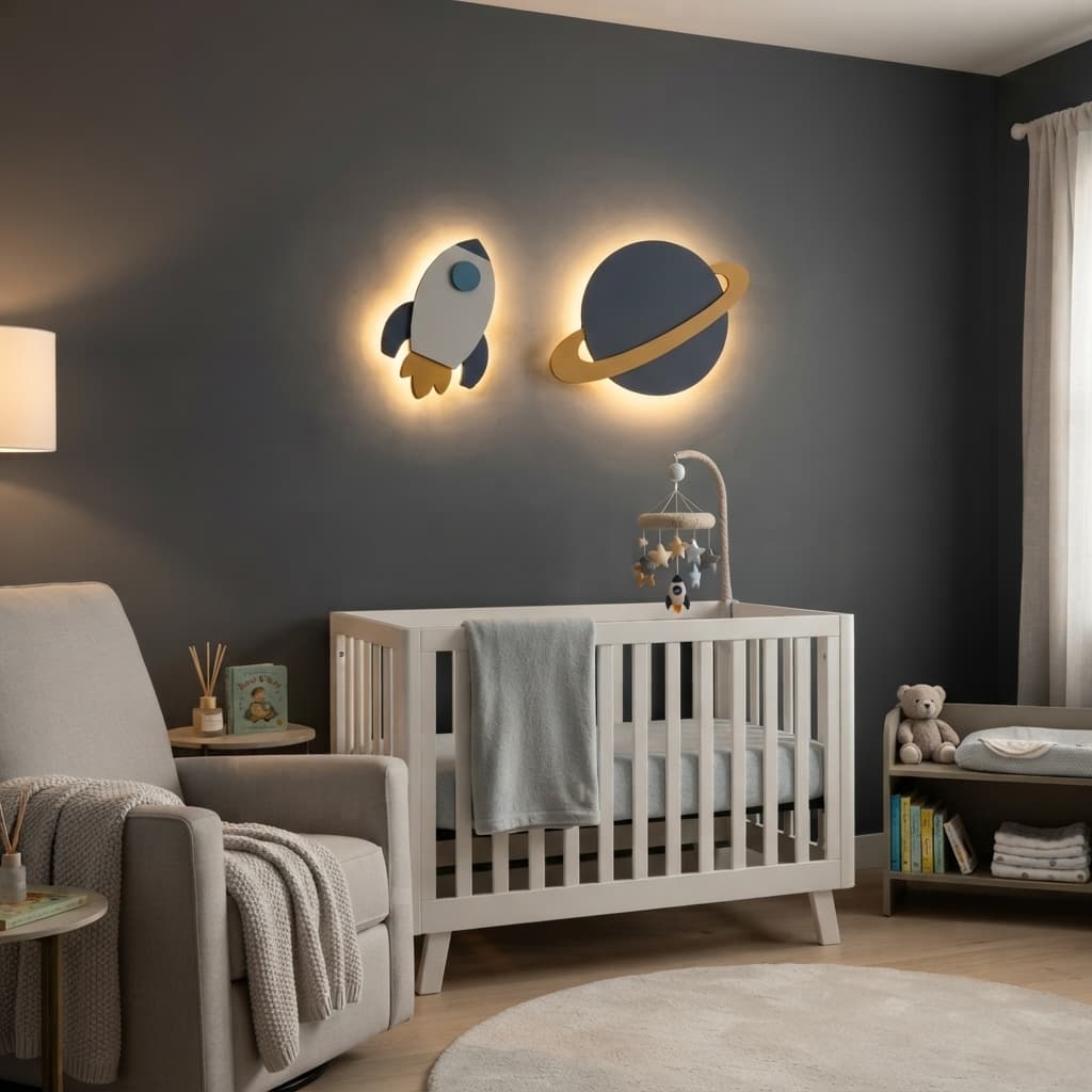 Saturno E Foguete Com Luz De Led Luminária Led Decoração Quarto Bebe