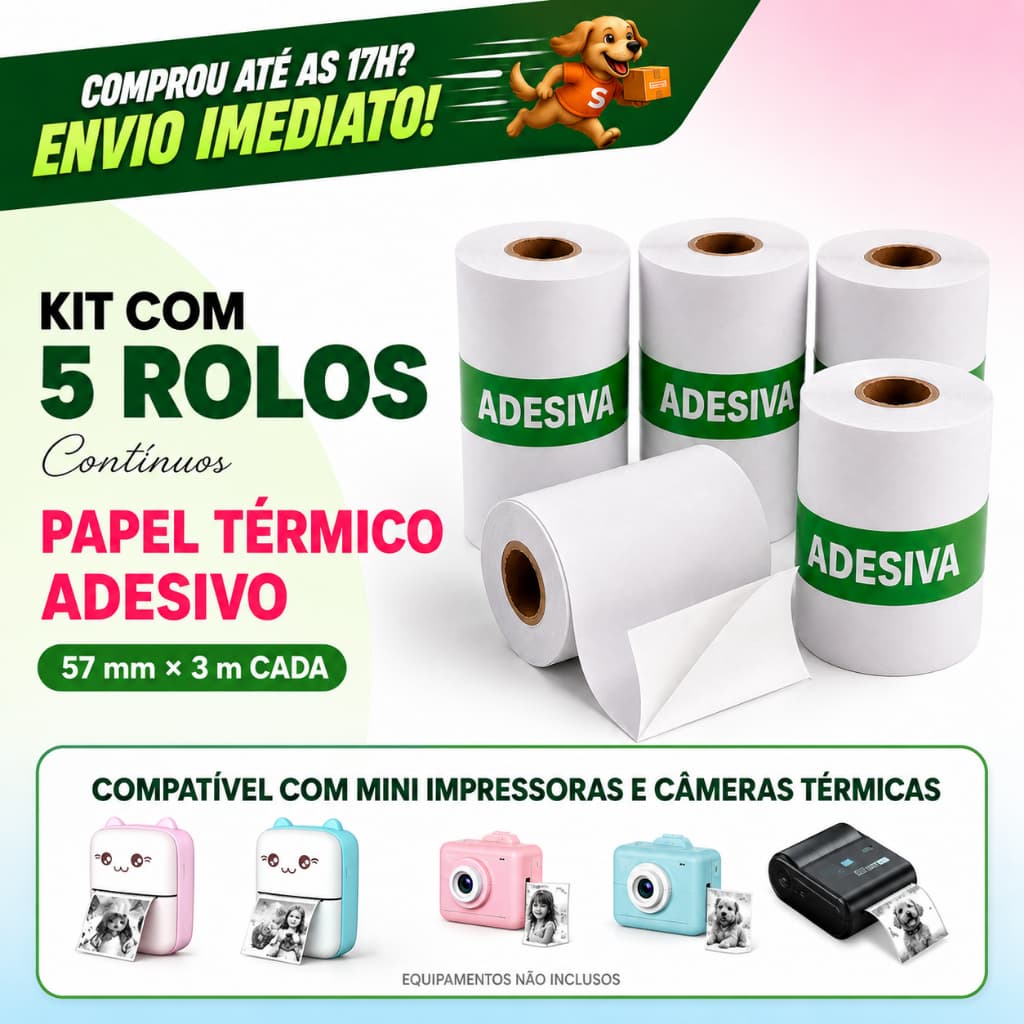 Kit 5 Bobina Etiqueta Continua Térmica Adesiva Autocolante 57x30 Branco Rolo Mini Impressora Portátil Resistente a Água