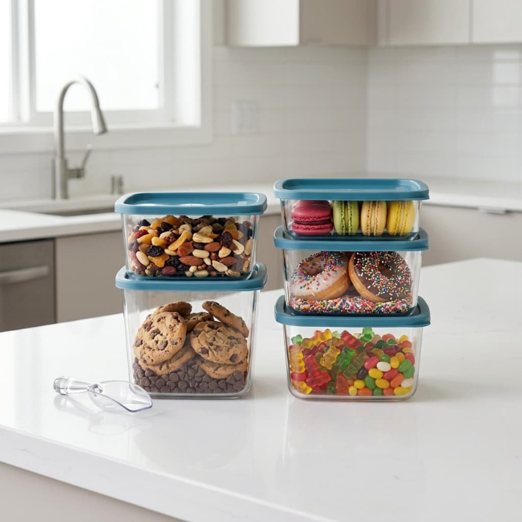 Kit 5 Potes De Plástico Tampa Colorida Organizador Cozinha Multiuso Mantimentos Marmita Promoção