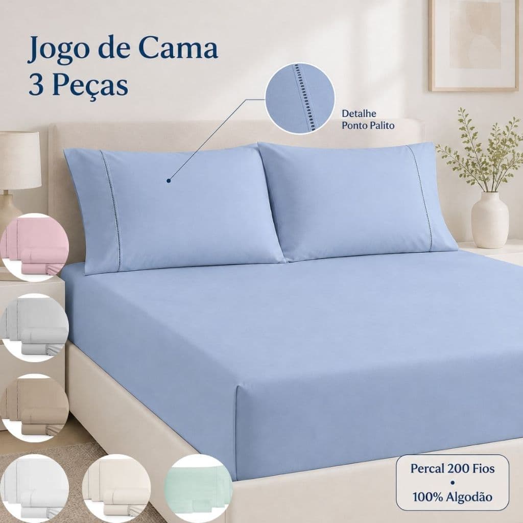 Jogo de Lençol 3 Peças 100% Algodão Percal 200 Fios antialérgico Solteiro Casal Queen e King - Toque Macio