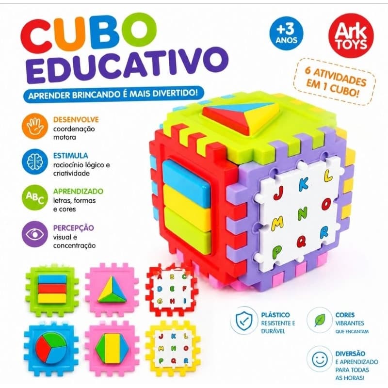 Cubo Educativo Infantil 6 em 1 Montessori Brinquedo Educativo Formas Cores Alfabeto Coordenação Motora