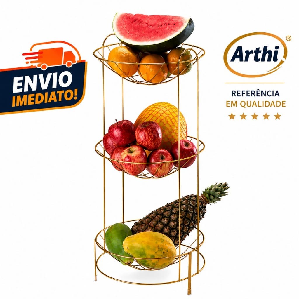 Fruteira De Chão Aramada Arthi 3 Andares Dourado Fosco Organizador De Cozinha Multiuso Suporte Para Frutas Luxo