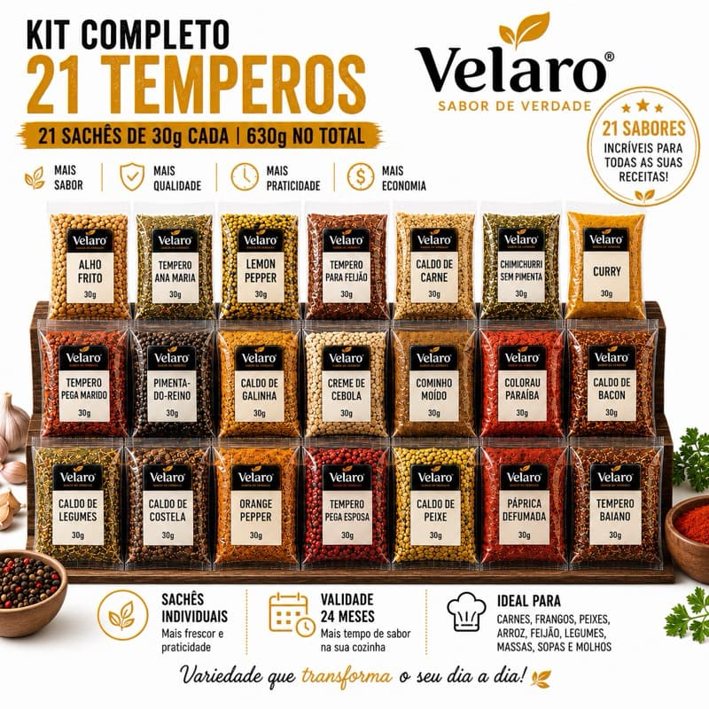 Kit Completo 21 Temperos Velaro 30g Cada 630g Especiarias e Temperos para Cozinha