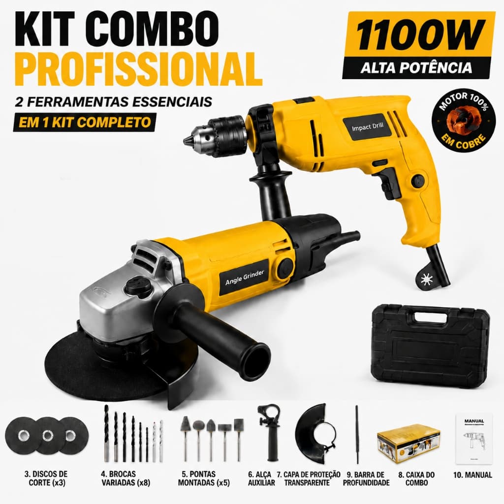 Kit Furadeira de Impacto 13mm e Esmerilhadeira Angular 1100W e caixa plástica Com Acessórios110/220V