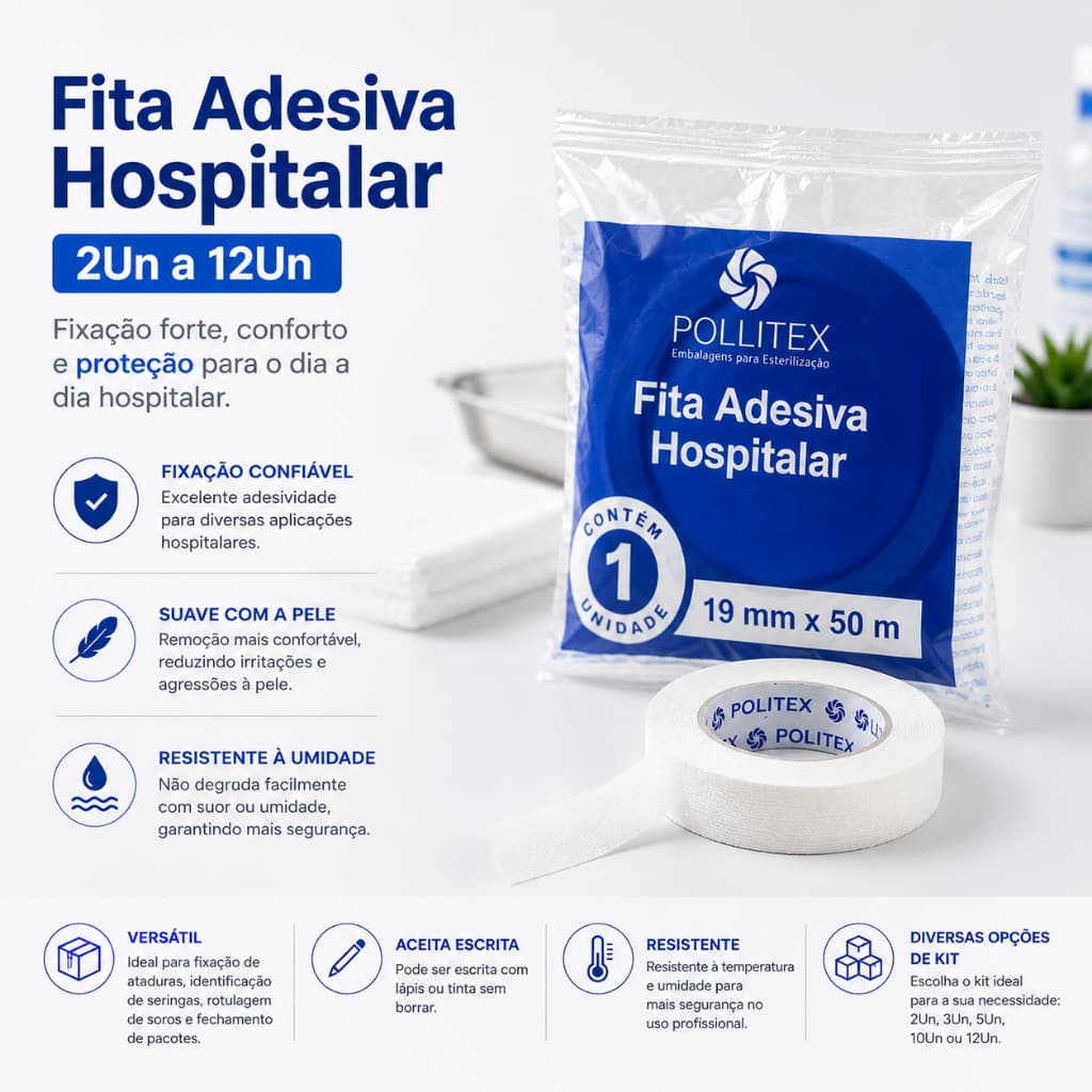 Kit Fita Adesiva Hospitalar 2Un a 12Un Papel Crepado 19mmx50m Ideal Para Hospitais e Uso Pessoal