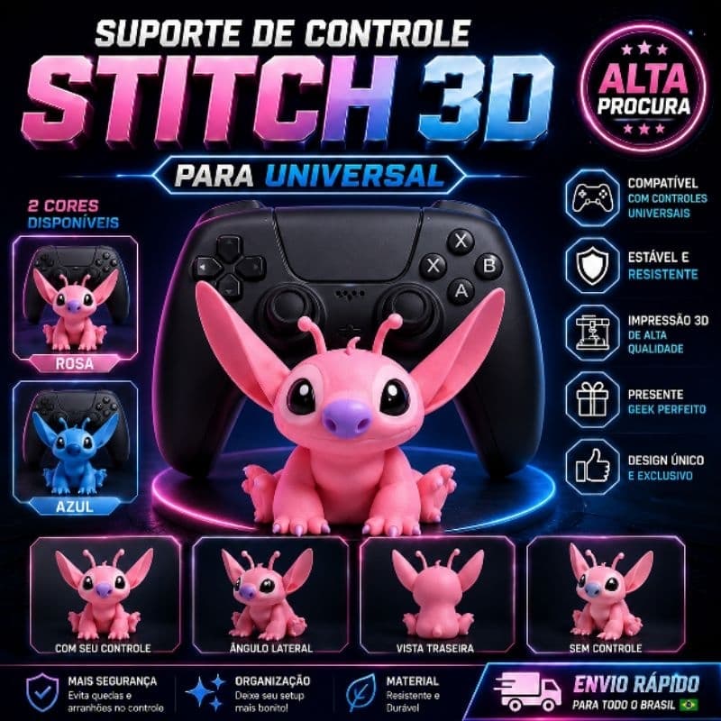 Suporte Controle Stitch e Angel Universal PS5 PS4 Xbox Switch Gamer Decoração Setup Organizador Controle Videogame