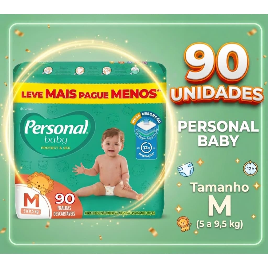 Fralda Descartável Personal Baby Protect & Sec Tamanho M 90 Unidades