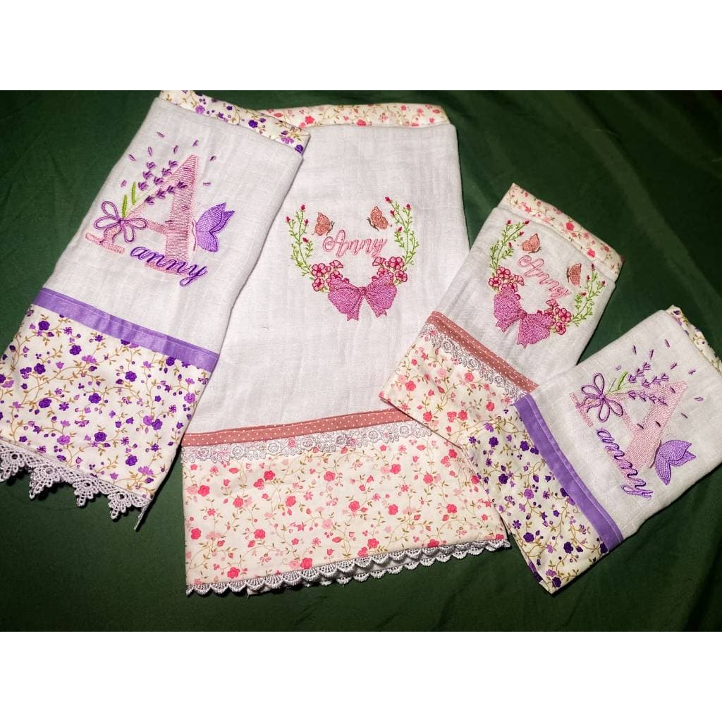 KIT ENXOVAL DE RECEM NASCIDO BORDADO PERSONALIZADO COM BARRA-BABITA-FRALDA DE OMBRO-FRALDA DE PASSEIO